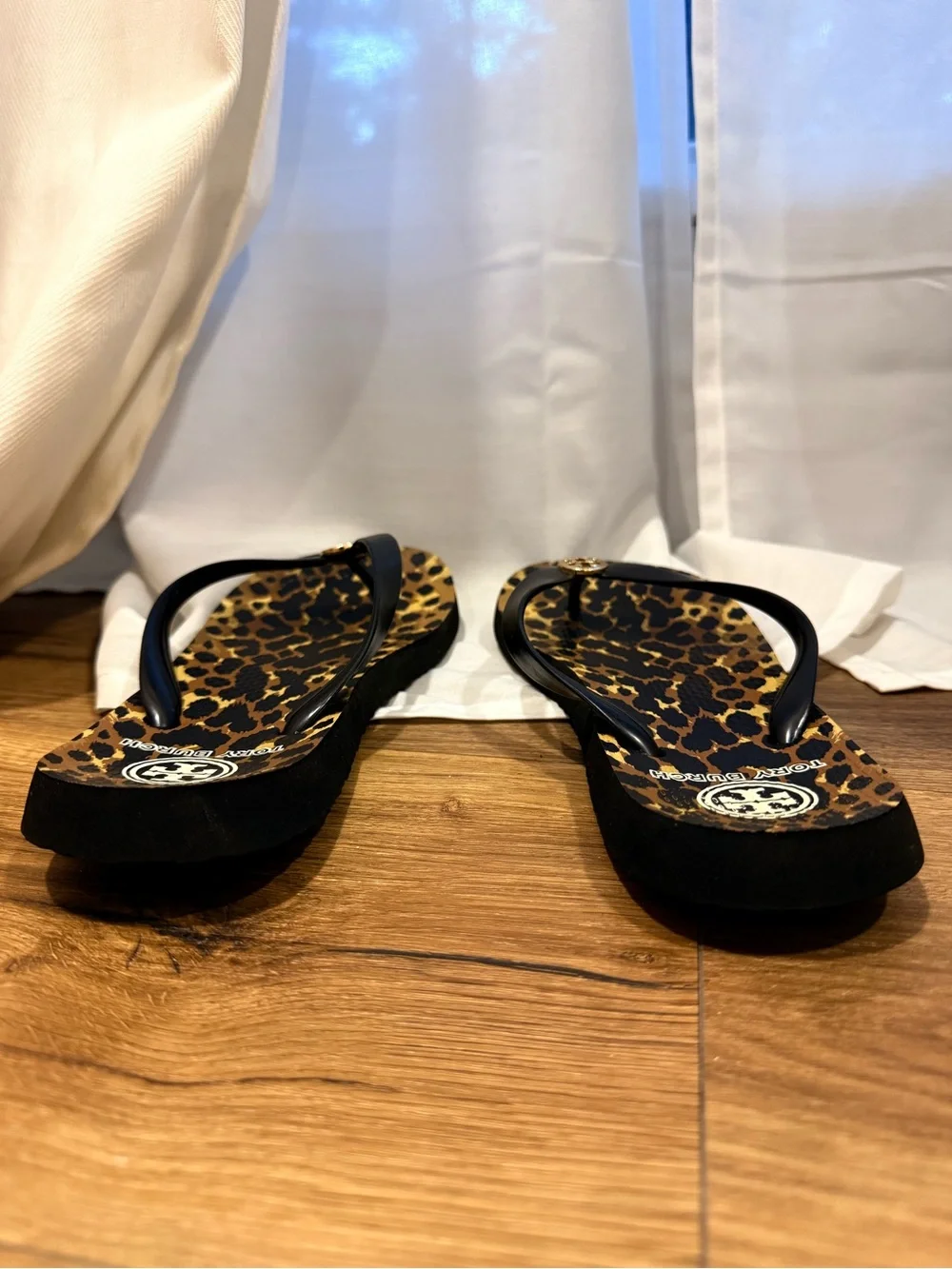 Tory Burch Leopard Print Flip Flop Sandals with Black Straps